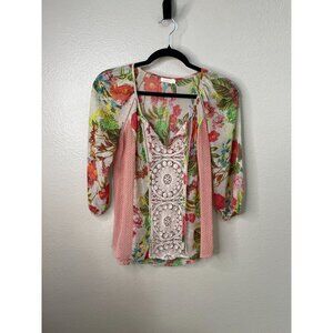 Meadow‎ Rue Floral Crochet Blouse XS Boho Pink Green Sheer 3/4 Sleeve Top